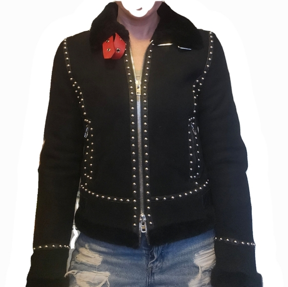 Givenchy Paris Black Shearling Wool Red Leather Studded Moto Jacket Size Medium - Picture 2 of 16